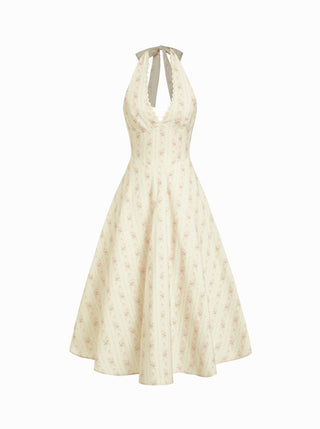 Halter Neckline Floral Lace Up Backless Maxi Dress