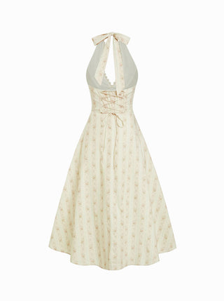 Halter Neckline Floral Lace Up Backless Maxi Dress
