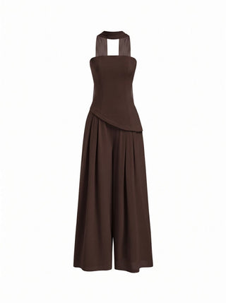 Chiffon Mid Rise Bandeau Asymmetrical Lace Up Wide Leg Jumpsuit With Scarf