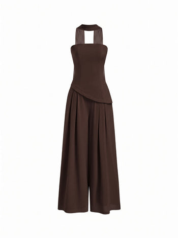Chiffon Mid Rise Bandeau Asymmetrical Lace Up Wide Leg Jumpsuit With Scarf