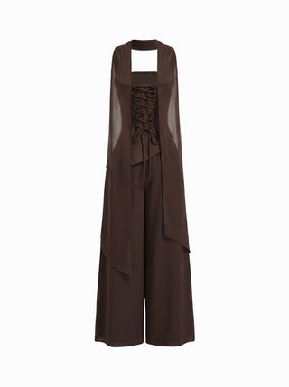 Chiffon Mid Rise Bandeau Asymmetrical Lace Up Wide Leg Jumpsuit With Scarf