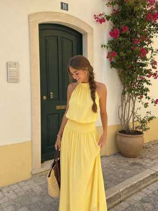 Chiffon Halter Neckline Backless A-Lined Maxi Dress