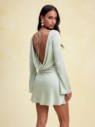 Satin Boat Neck Bell Sleeve Backless Mini Dress