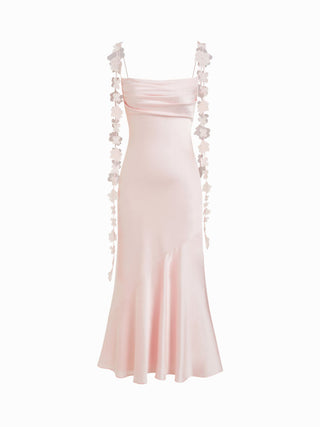 Satin Cowl Neck Floral Applique Lace Up Mermaid Maxi Dress