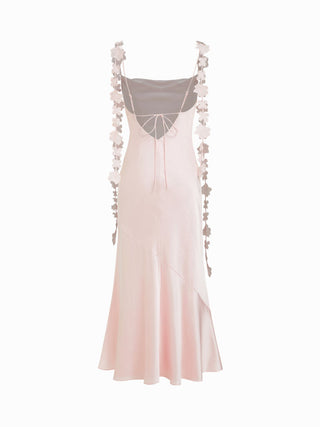 Satin Cowl Neck Floral Applique Lace Up Mermaid Maxi Dress