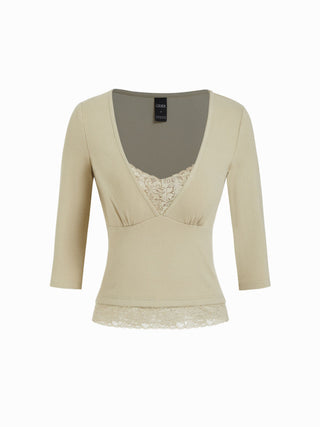 Cotton-blend V-neck Middle Sleeve Lace Trim Ruched Tee
