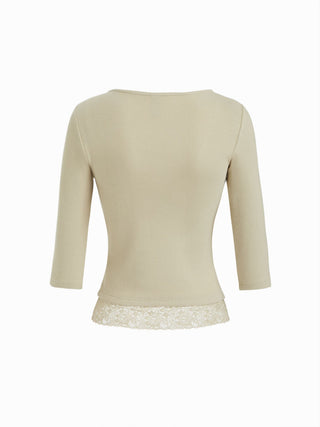 Cotton-blend V-neck Middle Sleeve Lace Trim Ruched Tee