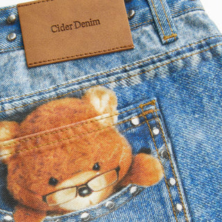 Denim Mid Rise Cat Graphic Bowknot Metal Detail Regular Jeans