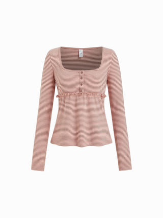 Stripe Long Sleeve U-neckline Ruffle Top & Mid Rise Wide Leg Trousers Loungewear Set