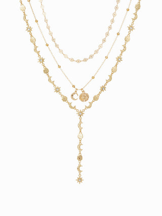 MOON & STAR & RHINESTONE LAYERED NECKLACE