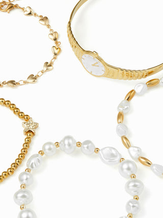 5PCS CLOCK & FAUX PEARL & HEART BEADED BRACELET