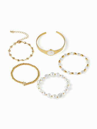 5PCS CLOCK & FAUX PEARL & HEART BEADED BRACELET