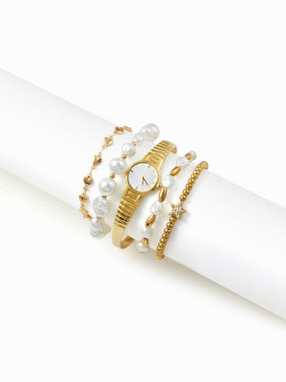 5PCS CLOCK & FAUX PEARL & HEART BEADED BRACELET