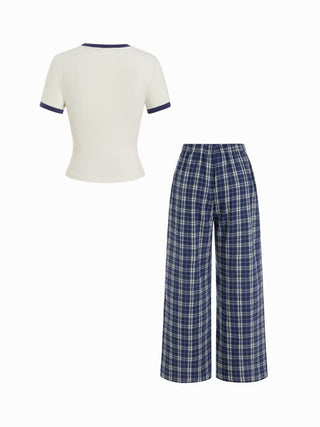 Cotton-blend Graphic Tee & Mid Rise Plaid Wide Leg Trousers Loungewear Set