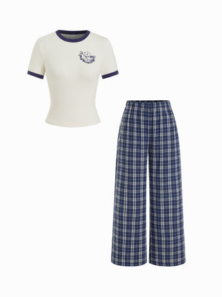 Cotton-blend Graphic Tee & Mid Rise Plaid Wide Leg Trousers Loungewear Set