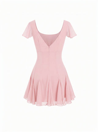 Chiffon Scoop Neck Ruffle Sleeve Pleated A-line Mini Dress