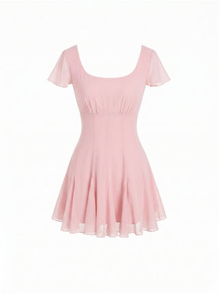 Chiffon Scoop Neck Ruffle Sleeve Pleated A-line Mini Dress
