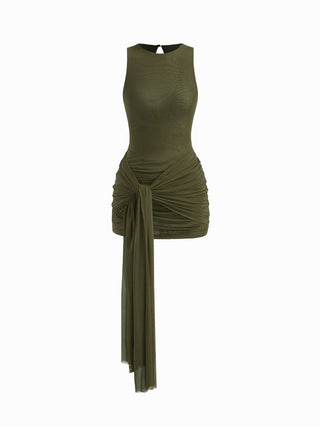 Mesh Draped Ruched Knotted Mini Dress