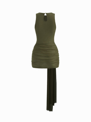 Mesh Draped Ruched Knotted Mini Dress