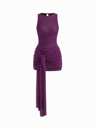 Mesh Draped Ruched Knotted Mini Dress