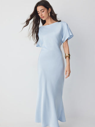 Satin Boat Neck Batwing Sleeve Bowknot Mermaid Maxi Dress