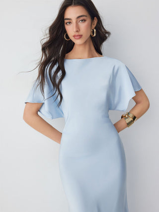 Satin Boat Neck Batwing Sleeve Bowknot Mermaid Maxi Dress