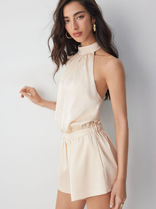 Satin Halter Neck High Rise Drawstring Pocket Romper