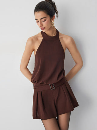 Halter Neckline Backless Pleated Mid Rise Romper With Belt
