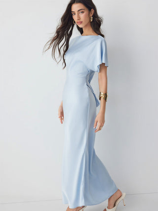 Satin Boat Neck Batwing Sleeve Bowknot Mermaid Maxi Dress
