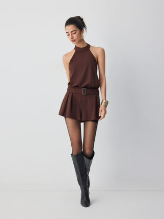 Halter Neckline Backless Pleated Mid Rise Romper With Belt
