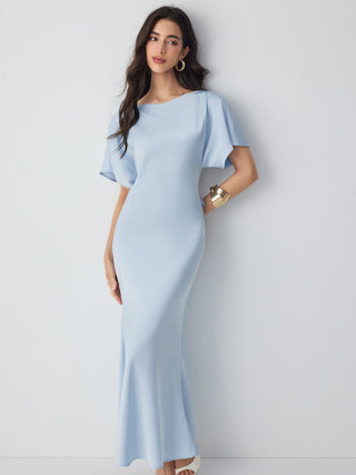 Satin Boat Neck Batwing Sleeve Bowknot Mermaid Maxi Dress