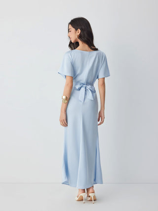 Satin Boat Neck Batwing Sleeve Bowknot Mermaid Maxi Dress