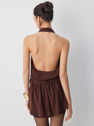 Halter Neckline Backless Pleated Mid Rise Romper With Belt