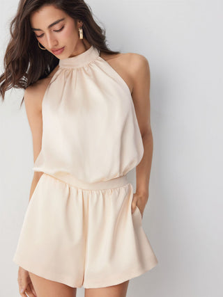 Satin Halter Neck High Rise Drawstring Pocket Romper