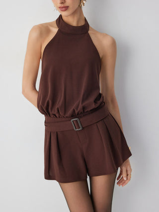Halter Neckline Backless Pleated Mid Rise Romper With Belt