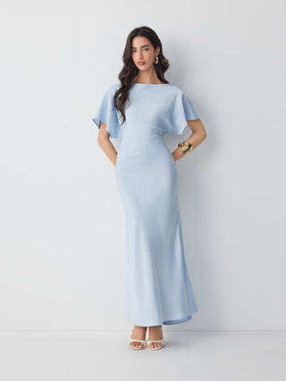 Satin Boat Neck Batwing Sleeve Bowknot Mermaid Maxi Dress