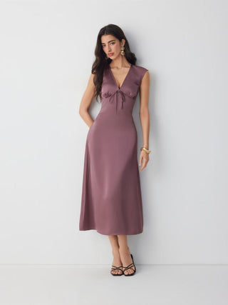 Satin V-neck Twist Knotted A-line Maxi Dress