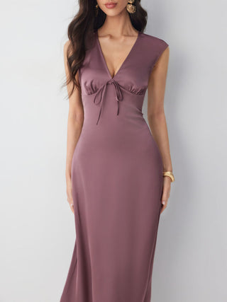 Satin V-neck Twist Knotted A-line Maxi Dress
