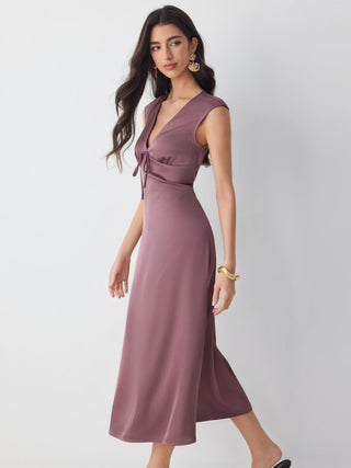 Satin V-neck Twist Knotted A-line Maxi Dress