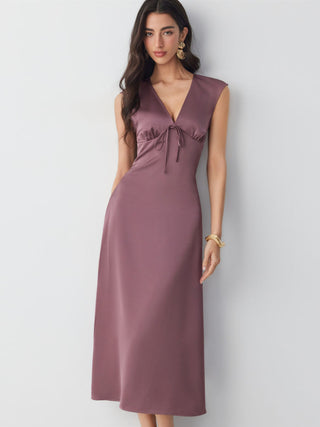 Satin V-neck Twist Knotted A-line Maxi Dress