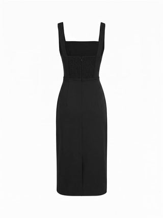 Square Neck Metal Detail Split Straight Midi Dress With Belt