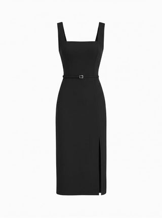 Square Neck Metal Detail Split Straight Midi Dress With Belt