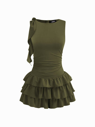Boat Neck Ruched Ruffle Hem Layered Micro Romper