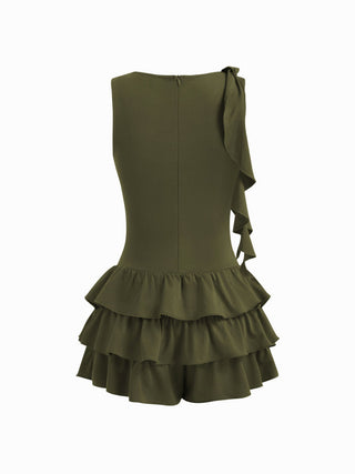 Boat Neck Ruched Ruffle Hem Layered Micro Romper