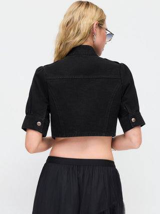Denim Stand Collar Washed Metal Detail Crop Blouse