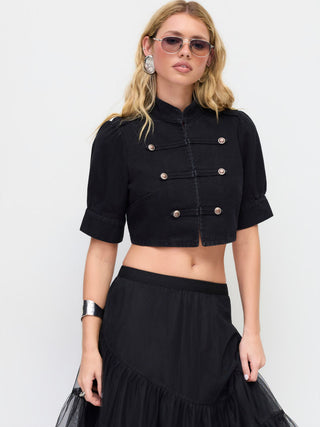 Denim Stand Collar Washed Metal Detail Crop Blouse