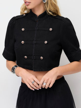Denim Stand Collar Washed Metal Detail Crop Blouse