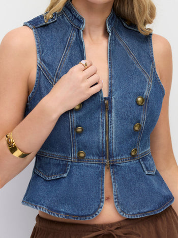 Washed Denim V-neck Metal Detail Zip Through Vest