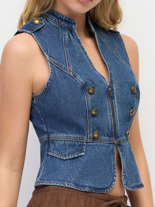 Washed Denim V-neck Metal Detail Zip Through Vest