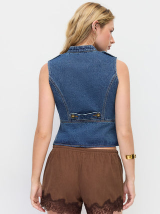 Washed Denim V-neck Metal Detail Zip Through Vest